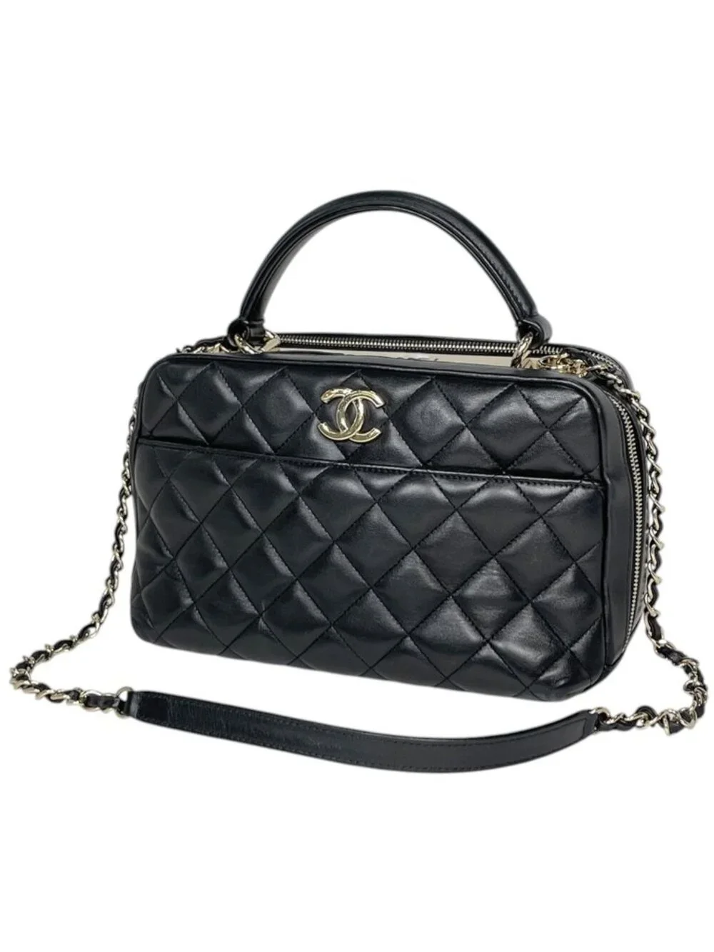 Chanel CC Logo Bowling Bag 2-Way Leather Black